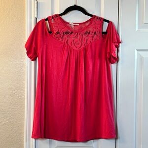 First Look Pink/Fuschia Women's Flowy Top Lace Neckline And Off Shoulder Sleeves